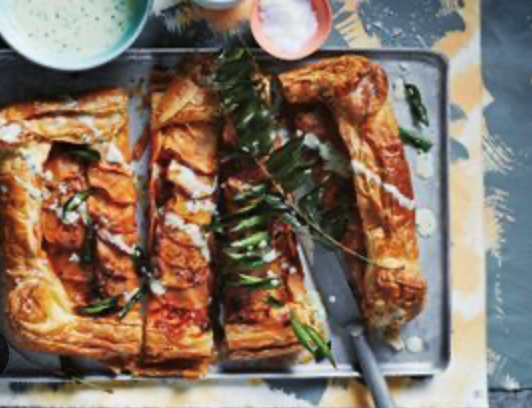 Samosa tart with lime pickle buttermilk dressing