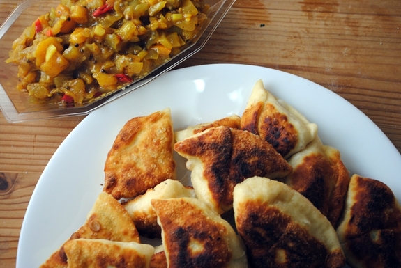 Samosas with loquat-onion chutney