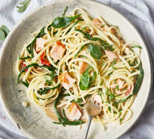 Samphire & lemony salmon linguine 