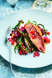 Samphire and gurnard fillet with pomegranate and tomato dressing