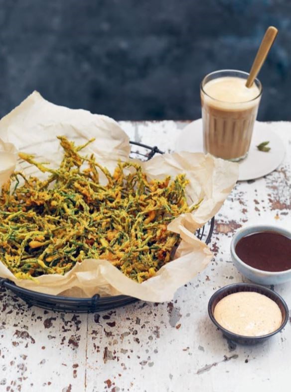 Samphire pakoras with tamarind and date chutney