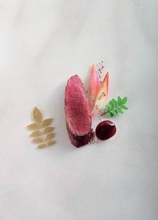 Sansho-seared Mandagery Creek venison with pickled myoga, cherry and licorice