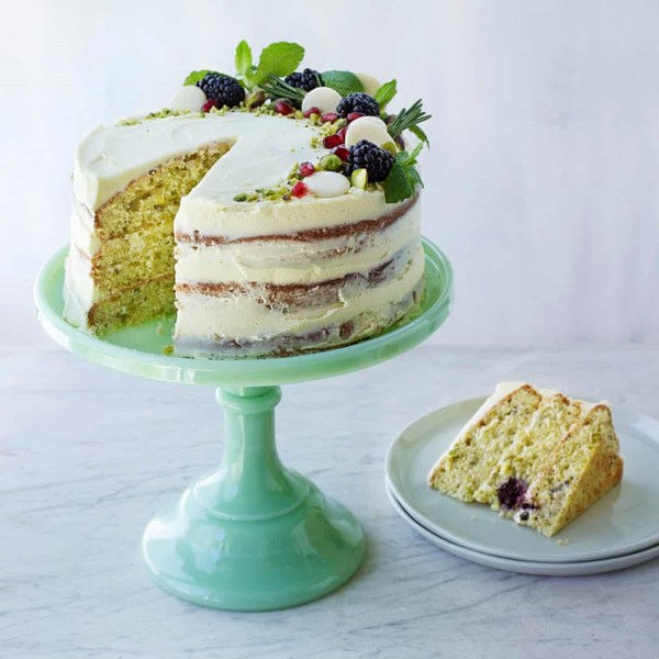 Sarah's pistachio, blackberry and white chocolate layer cake