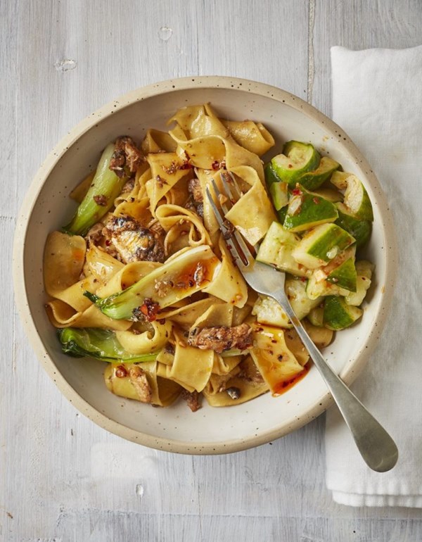 Sardine and chilli oil noodles with smacked cucumber