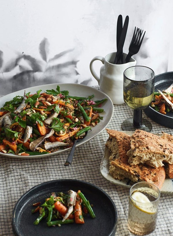 Sardine, lemon and green lentil salad with olive and oregano flatbread
