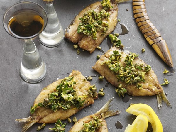 Sardines with caper & parsley topping