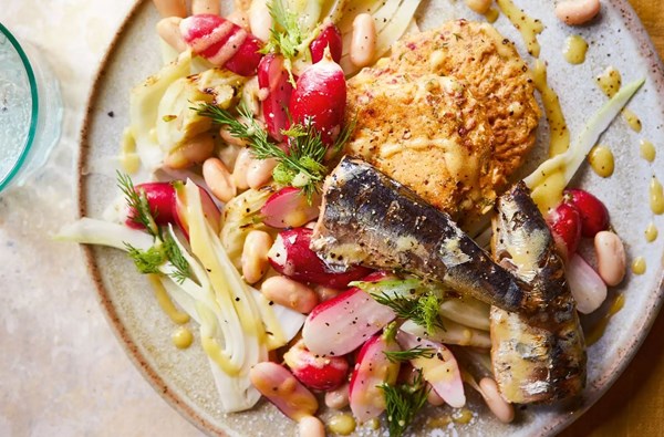 Sardines with fennel two ways, white bean, radish & chickpea pancakes