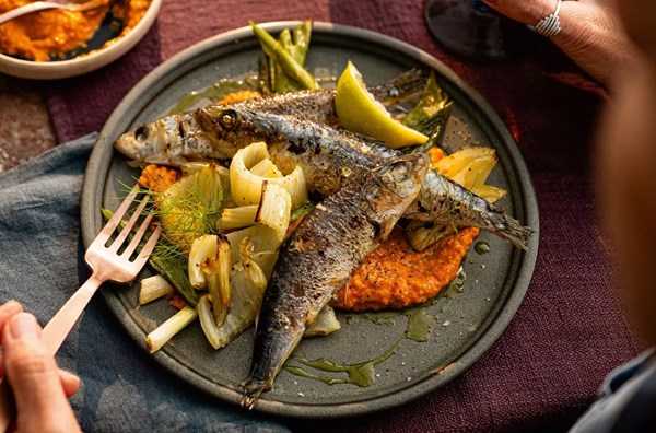 Sardines with salad onions, fennel & romesco sauce