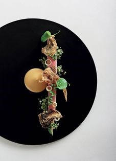 Sashimi of bonito with flavours of roasted chicken, umeboshi, upland cress, matcha tea and nori