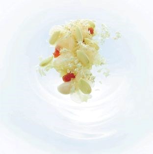 Sashimi of local crayfish, grapefruit, green almonds, crème fraîche, bergamot marmalade, elderflowers