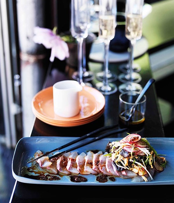 Sashimi of striped trumpeter with mushrooms and ginger, horseradish and soy dressing [Hamish Ingham]