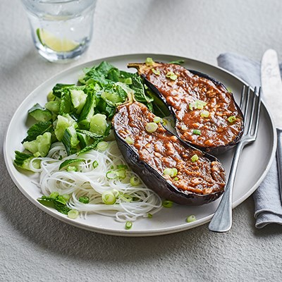 Satay aubergine with smashed cucumber & noodles
