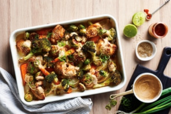 Satay chicken traybake