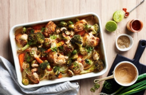 Satay chicken traybake