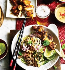 Satay chicken with soba and cucumber noodle salad