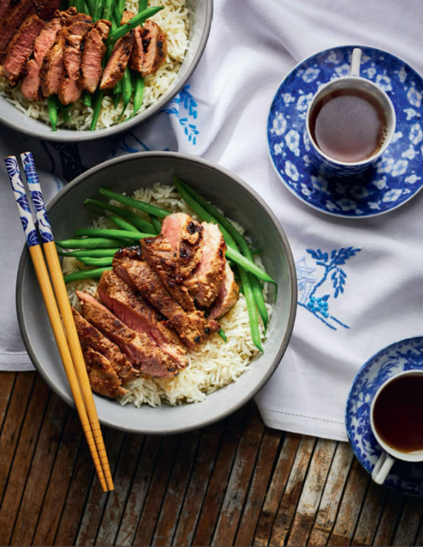 Satay lamb steak with coconut rice