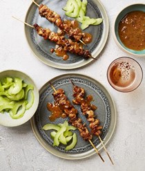 Satay skewers with quick pickle cucumber