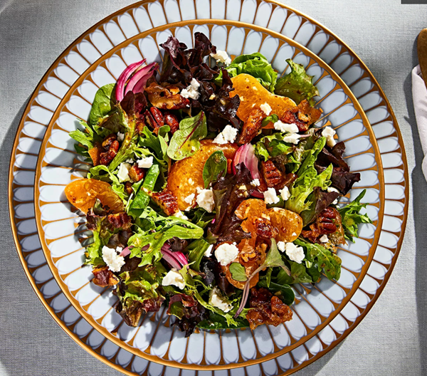 Satsuma salad with spiced pecans, pickled red onion & cane vinaigrette