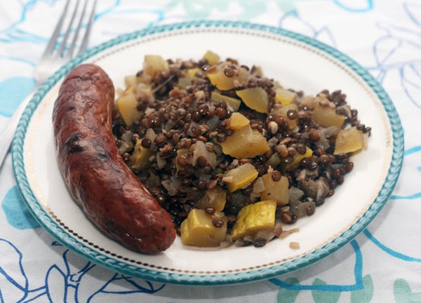 Saucisses de Toulouse aux lentilles du Puy et courge