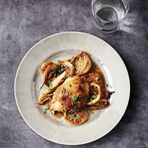Saucy braised chicken thighs with fennel and lemon