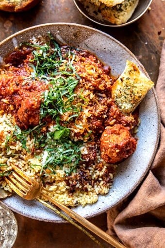 Saucy braised garlic butter meatballs with orzo