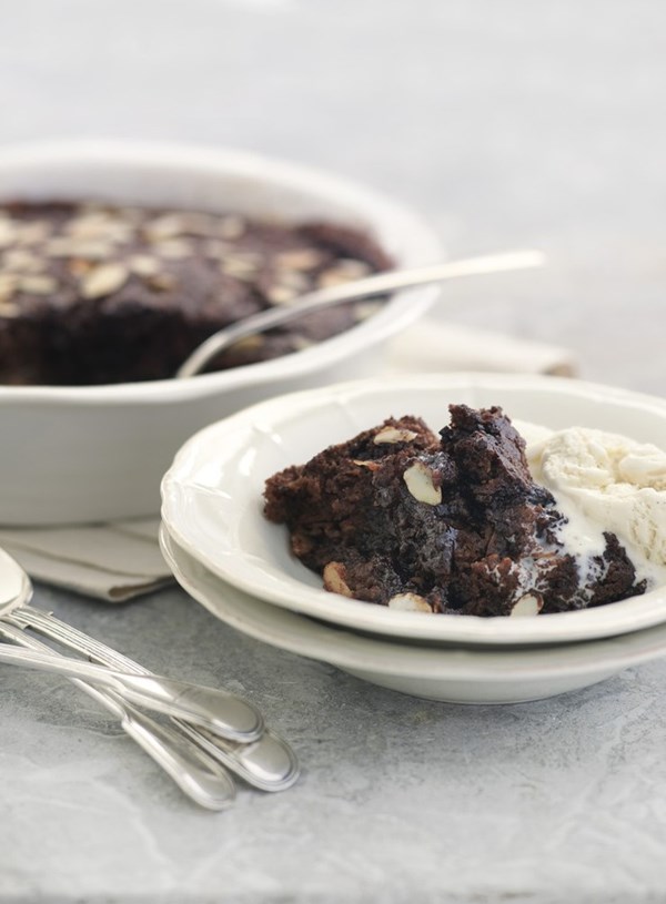 Saucy chocolate pudding with toasted almonds