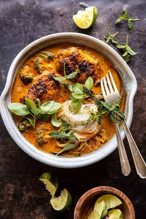Saucy coconut braised chicken with rice noodles and broccoli