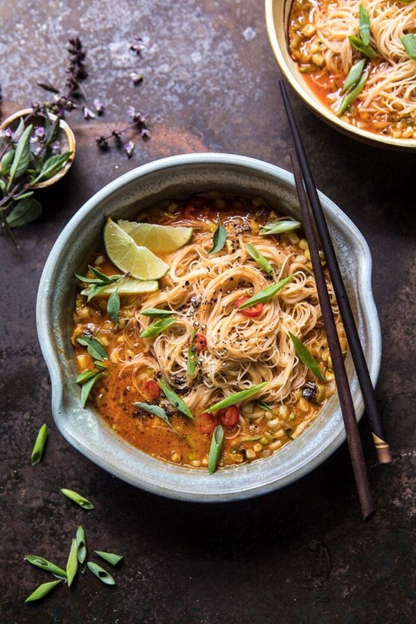 Saucy coconut curry with rice noodles and garden vegetables