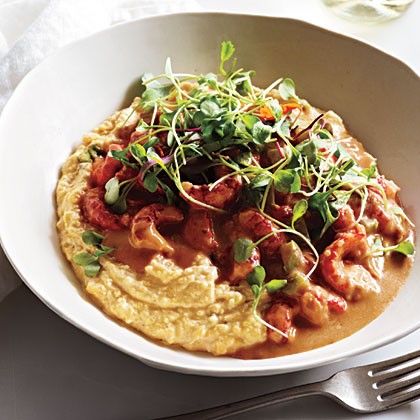 Saucy crawfish with whole corn grits