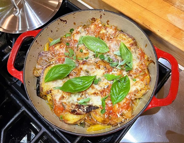 Saucy eggplant with basil and pasta