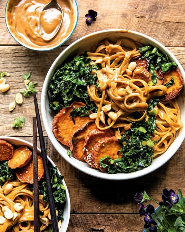 Saucy garlic peanut noodles with sesame sweet potatoes