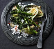 Saucy greens with sticky sesame rice