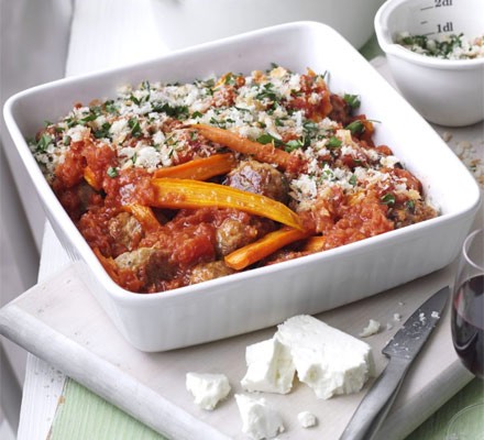 Saucy meatball and carrot bake with crispy feta crumbs