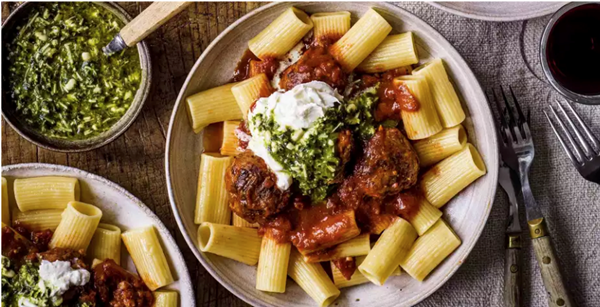 Saucy meatballs with burrata and pesto