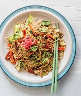 Saucy panfried noodles with pork and vegetables (Yakisoba)