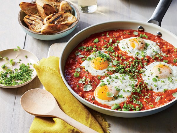 Saucy skillet-poached eggs