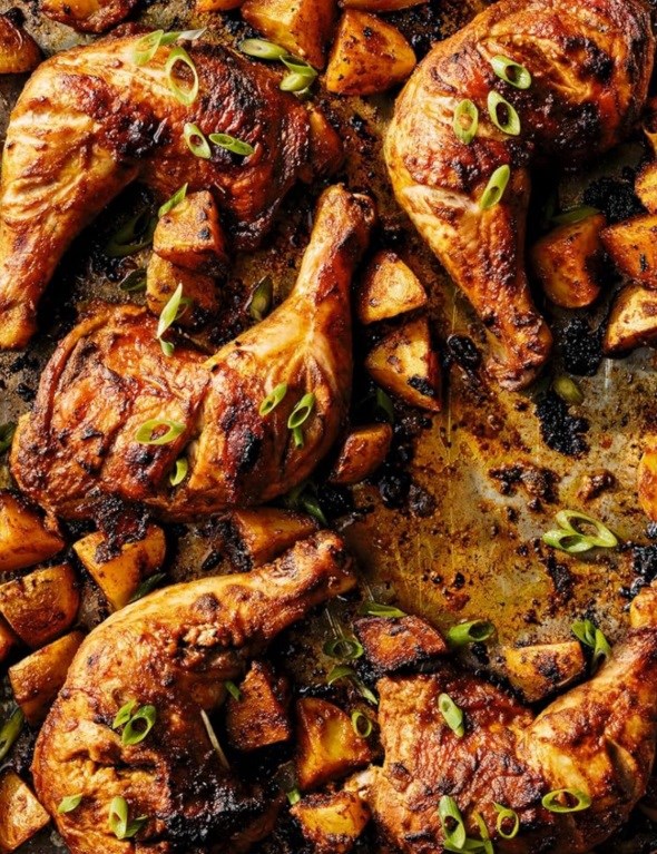 Saucy spiced chicken legs & potatoes