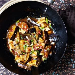 Saucy spicy aubergine and tofu