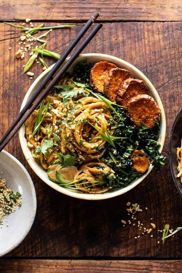 Saucy tahini noodles with honey’d sweet potatoes