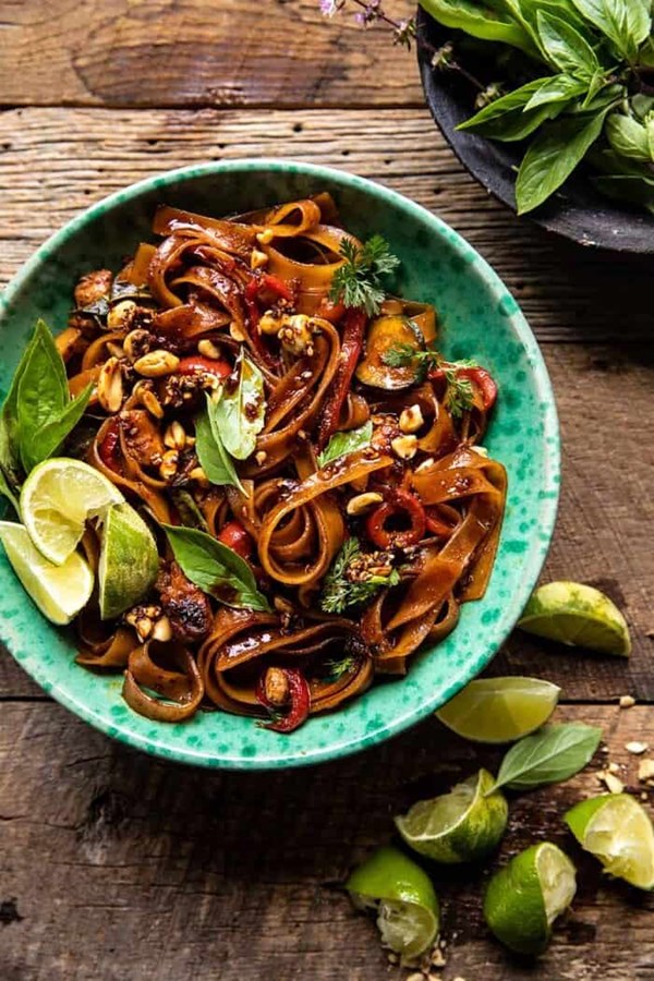 Saucy Thai summer noodle stir fry with sesame peanuts