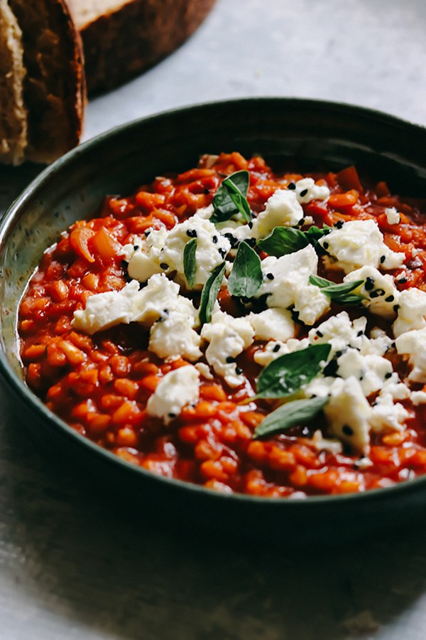 Saucy tomato and barley risotto with marinated feta