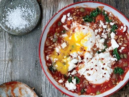 Saucy tomato poached eggs with kale and wheat berries from 'Whole-Grain Mornings' (Cook the Book)