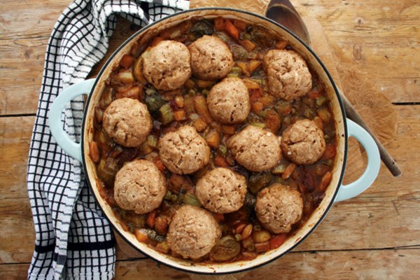 Sausage & Brussels sprout stew with cheesy wholemeal dumplings
