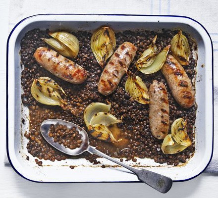 Sausage & lentil traybake
