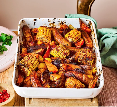 Sausage & sweet potato traybake