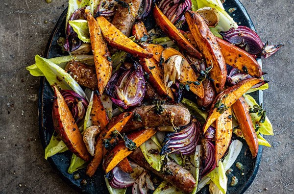 Sausage & sweet potato traybake with honey mustard dressing