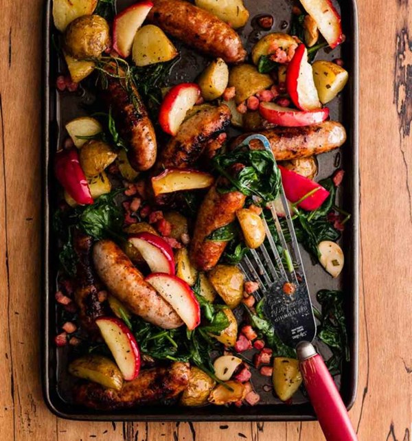 Sausage and apple traybake