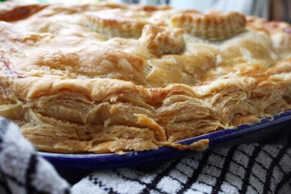 Sausage and bean rough puff pastry pie