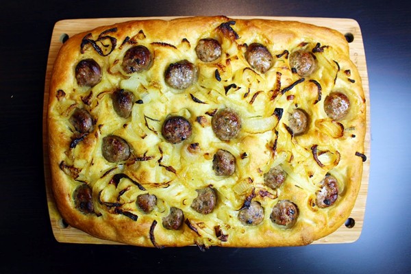 Sausage and caramelised onion focaccia