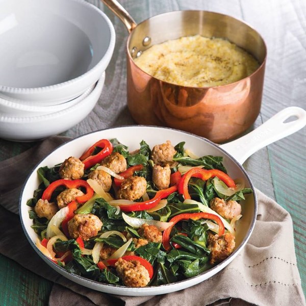 Sausage and collards with cheddar cheese grits